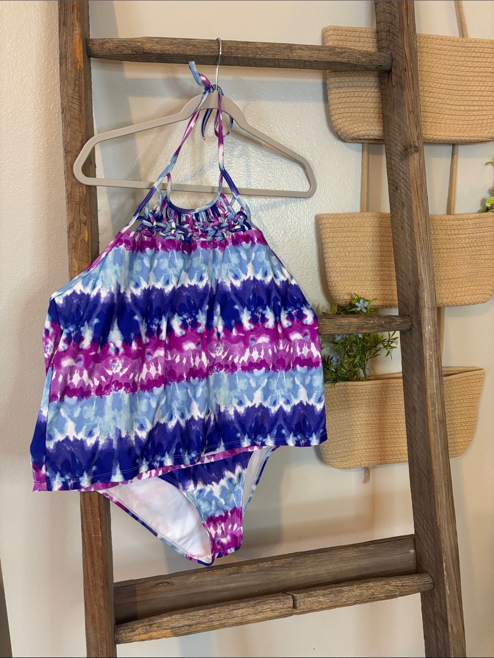 Girls Purple Blue Tie-Dye Halter Tankini Bikini